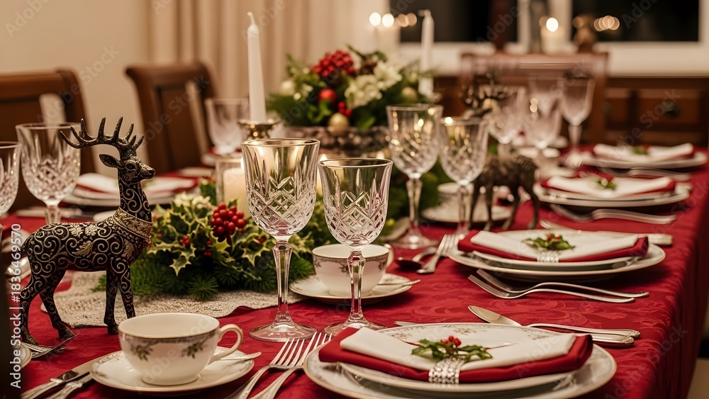 Fototapeta premium Elegant christmas dinner table setting with red and gold