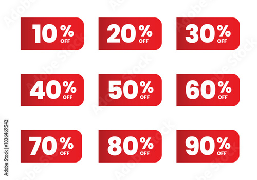 Set Special offer discount label with different value percent off. 50, 10, 20, 30, 40, 60, 70, 80, 90 percentage vector illustration