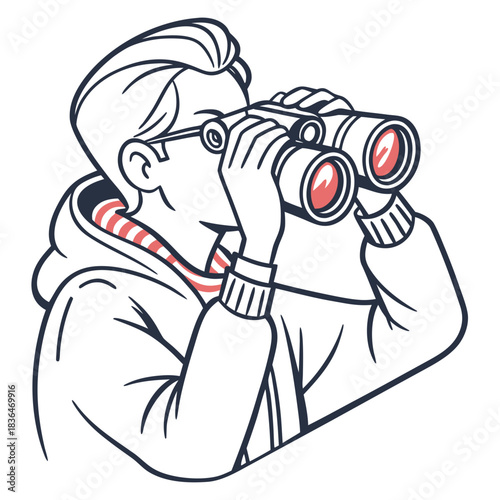 A stylized illustration of a person wearing glasses and a hooded sweatshirt holding binoculars to their eyes looking into the distance with a determined expression