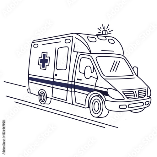 A simple line drawing of a modern ambulance vehicle with a red cross symbol on its side driving on a road with motion lines conveying urgency and emergency medical services