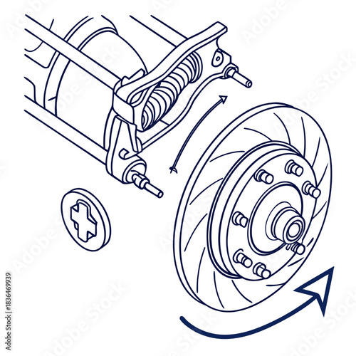 Detailed isometric line drawing illustration of a car s rear suspension system and brake rotor assembly with directional arrows indicating assembly or maintenance steps