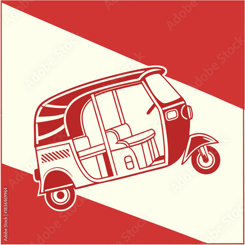 A stylized red and cream graphic illustration of a three wheeled auto rickshaw also known as a tuk tuk with bold outlines and a simple design