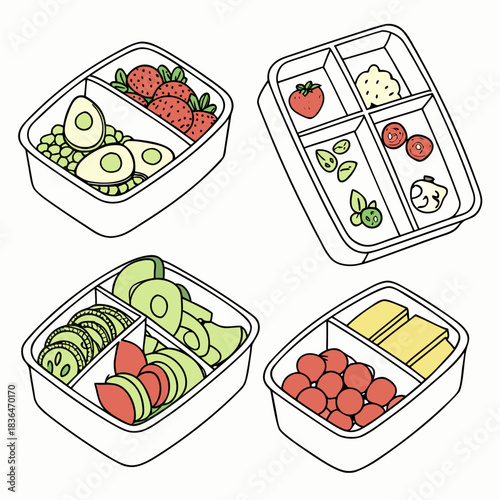 Four isometric cartoon style illustrations of open bento boxes filled with colorful and healthy food items including strawberries avocado eggs peas tomatoes and cheese