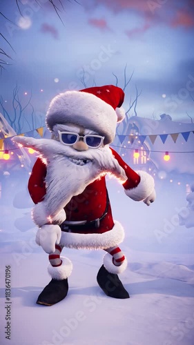 Funny Santa Claus and polar bears dances. Snow-covered landscapes with cozy cottages, Christmas trees, and gift boxes. Animated video for holiday cards, festive events, and New Year's parties.