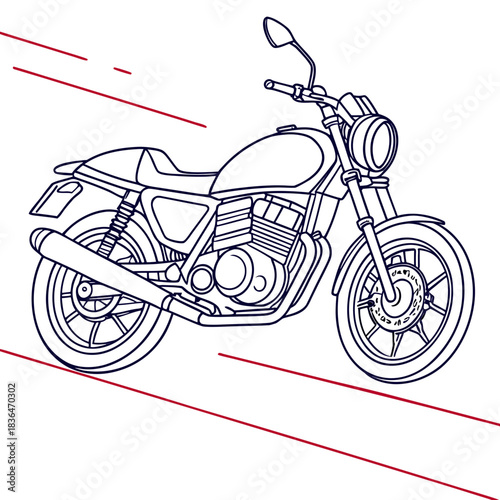 A stylized line art illustration of a classic cafe racer motorcycle in motion with abstract red speed lines on a white background conveying speed and freedom