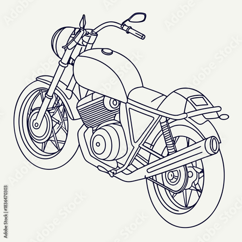 A minimalist line art illustration of a classic cafe racer motorcycle viewed from a three quarter rear angle against a neutral background