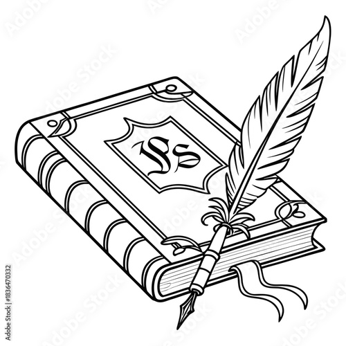A vintage black and white illustration of an ornate closed book with a feather quill pen resting on its cover symbolizing writing and knowledge