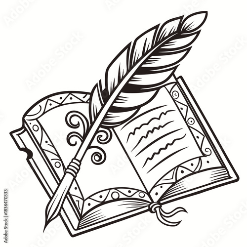 An open book with decorative borders and a quill pen resting on its pages symbolizing writing literature and creativity