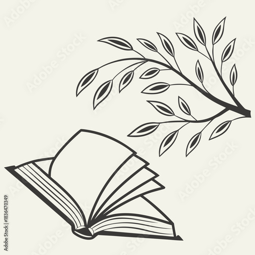 An open book with pages fanning out rests below a stylized branch adorned with leaves symbolizing knowledge and nature intertwined