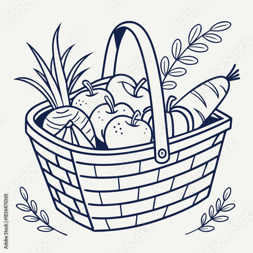 A charming hand drawn illustration of a woven basket overflowing with fresh apples and carrots adorned with delicate sprigs of greenery perfect for harvest themes