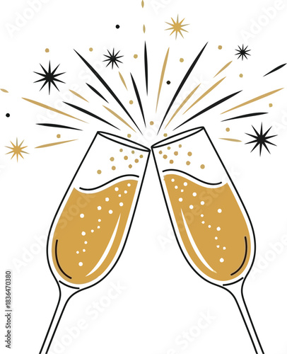 Two champagne glasses toasting with golden liquid and celebratory starbursts above