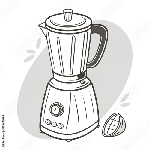 A stylized black and white illustration of a modern kitchen blender with a large pitcher and control panel accompanied by a sliced citrus fruit and abstract leaf shapes