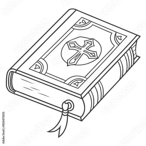 A stylized line art illustration of a closed book with a christian cross emblem on its cover and a bookmark ribbon hanging from the spine representing faith and religious texts