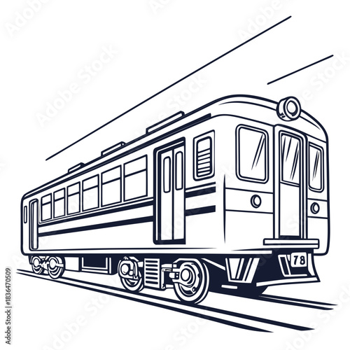 A stylized black and white line art illustration of a vintage passenger train moving along railroad tracks with a sense of motion