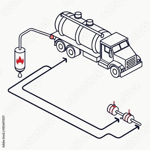Diagram illustrating a fuel delivery truck connected to a filtration system and a fuel pump for efficient and safe fuel transfer and dispensing operations