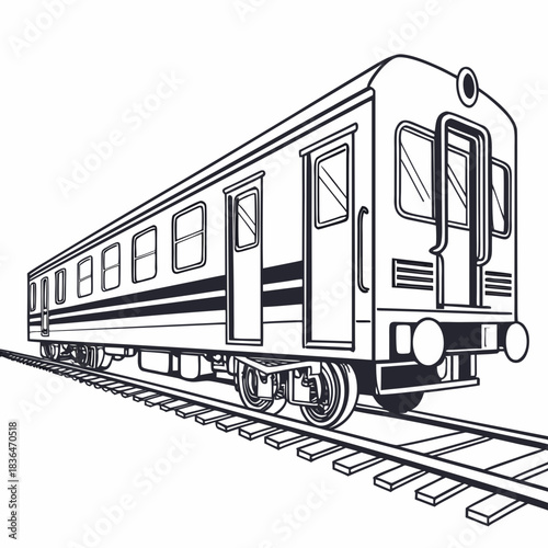 A classic black and white line drawing illustration of a passenger train car with open doors on a railway track isolated on a white background