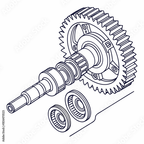 Exploded view isometric line drawing of a mechanical assembly featuring a large gear and shaft with bearings and washers showcasing intricate engineering detail and precision