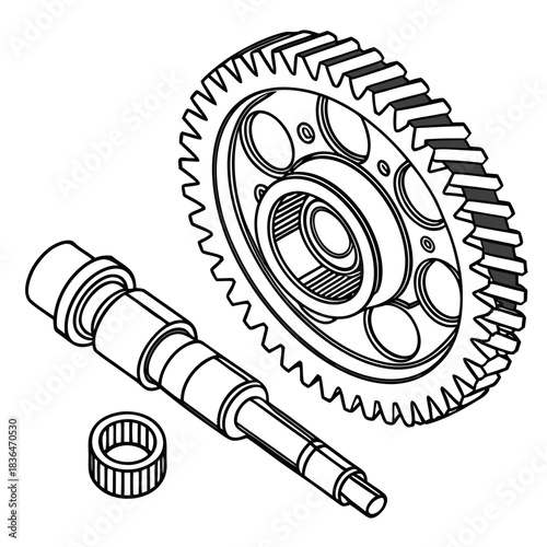 Detailed isometric line drawing of a camshaft with a gear and bearing showcasing precision engineering components for mechanical systems and automotive applications