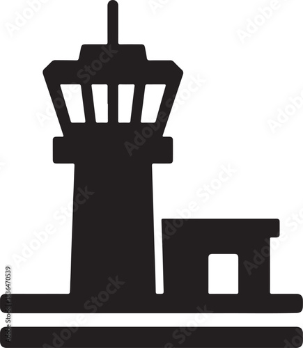  Aerodrome control tower silhouette aviation navigation and airfield infrastructure icon