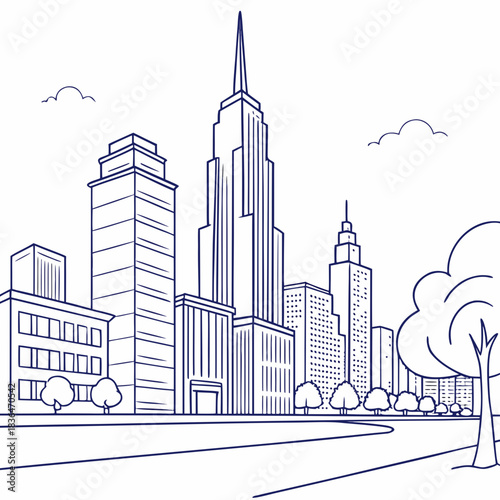 A minimalist line art illustration of a city skyline with tall buildings trees and clouds against a white background conveying urban architecture and nature