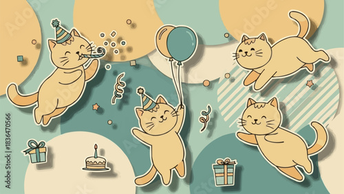 Festive Felines - A Birthday Celebration with Playful Cats.