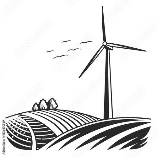 A stylized black and white illustration of a wind turbine standing tall in a rolling landscape with cultivated fields and a flock of birds flying in the sky