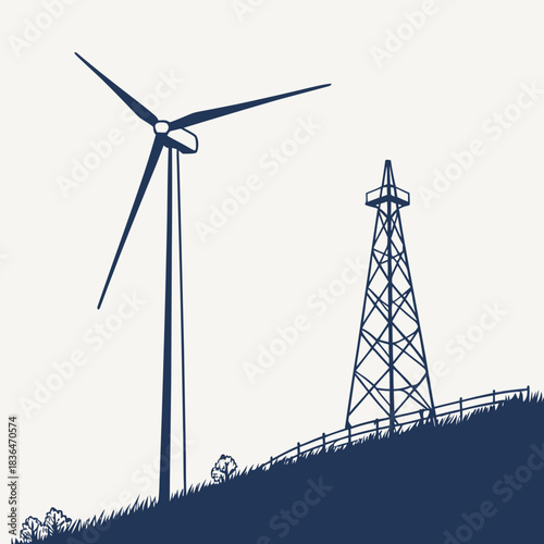 Silhouette of a wind turbine and an oil derrick standing on a grassy hill with a fence in the foreground against a plain background