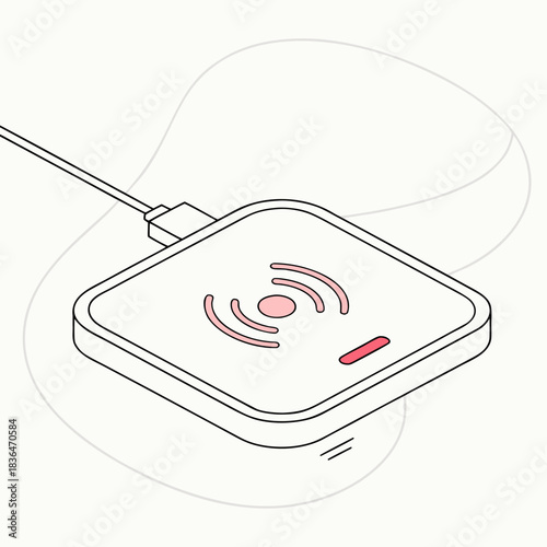 Modern isometric illustration of a wireless charging pad with a connected cable and indicator light symbolizing efficient energy transfer and technology
