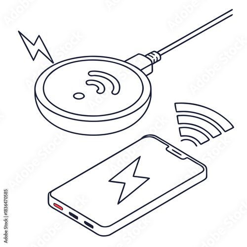 Illustration of a smartphone receiving wireless power from a charging pad connected by a cable symbolizing modern technology and energy transfer