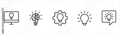 Light vector web line icons depicting light bulbs, ideas, innovation, creativity, and illumination for inspired thinking and solutions.