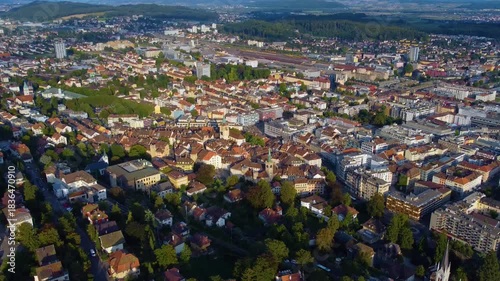 Aerial panorama view around the old town of Biel/Bienne in Switzerland on a sunny day in summer.