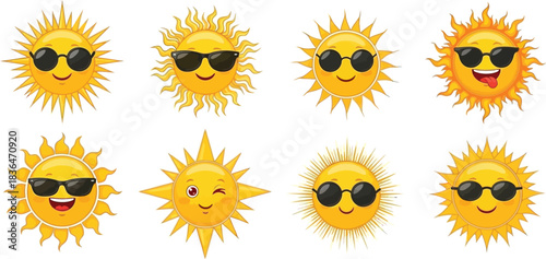 Collection of smiling sun characters wearing sunglasses on white background