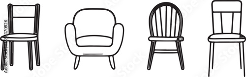 Collection of 6 chairs and stools vector illustration set in outline style