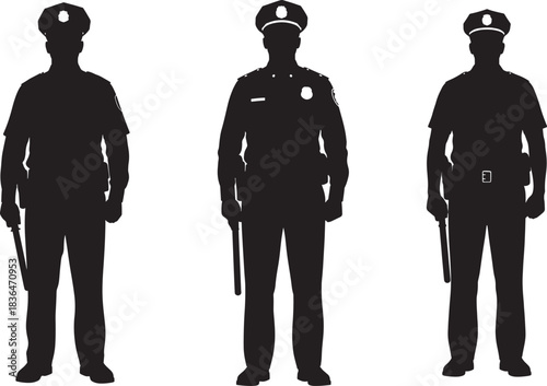 Three police officer silhouettes standing at attention in uniforms and hats