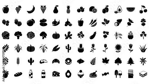 A collection of various food items and plants in black silhouette style