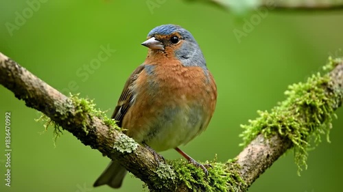 Songbird perched on a mossy branch, peaceful wildlife scene