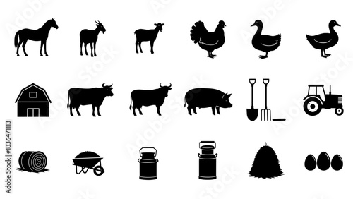 Silhouette illustration of farm animals and equipment on white background