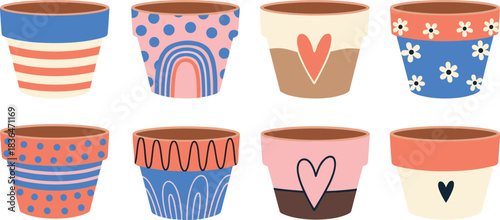 Set of Cute Decorative Flower Pots Vector Illustrations: Trendy Bohemian Style with Hearts, Rainbows, Stripes, and Floral Patterns Perfect for Home and Garden Designs