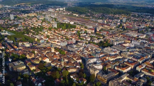 Aerial panorama view around the old town of Biel/Bienne in Switzerland on a sunny day in summer.