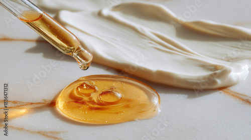 Skincare beauty concept, applying essential oil or collagen moisturizer on face.