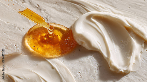 Skincare beauty concept, applying essential oil or collagen moisturizer on face.