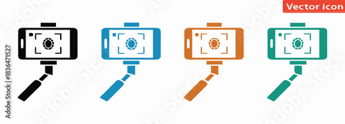 Capture perfect moments with modern selfie stick phone icons.Monochrome selfie stick with smartphone icon vector illustration. Minimalist modern electronic device mobile phone display
