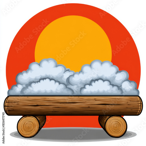Cartoon illustration of a wooden log bench with clouds, brown and grey colors, representing a surreal nature or sauna concept