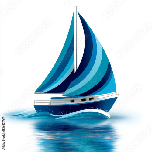 Stylized illustration of a sailboat, vibrant blue and white colors, representing a sea journey and summer vacation