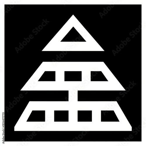 Abstract geometric icon, minimalist line-art style, black and white colors, representing a pyramid or architectural structure