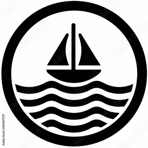 Minimalist sailboat icon, black and white silhouette, representing sea travel or a nautical symbol