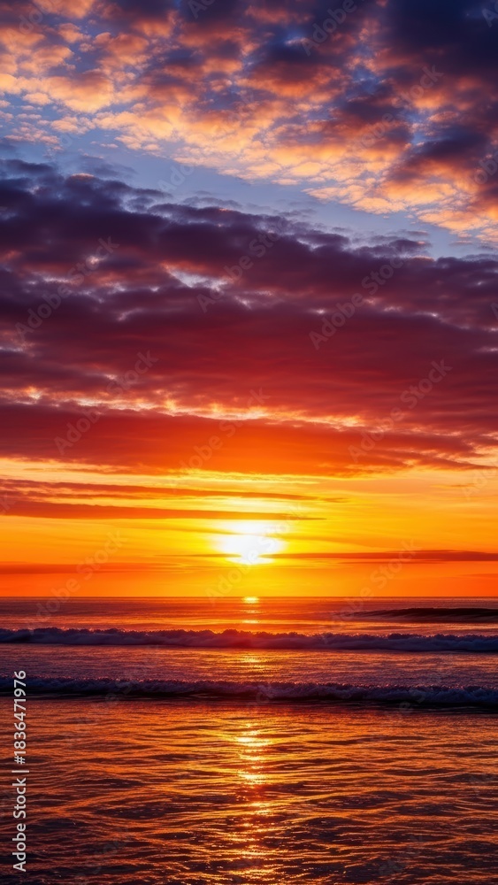 Fototapeta premium Vibrant Ocean Sunset with Fiery Clouds