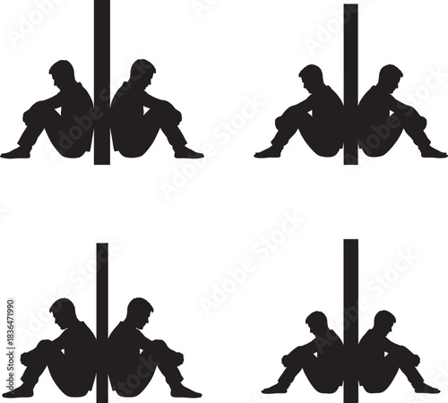 Silhouetted figures leaning back to back against poles in a grid