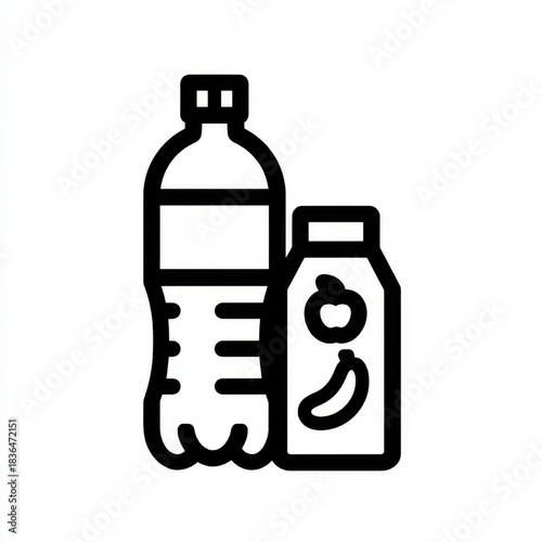 Minimalist line icon of a water bottle and juice box, black and white colors, representing beverages and hydration