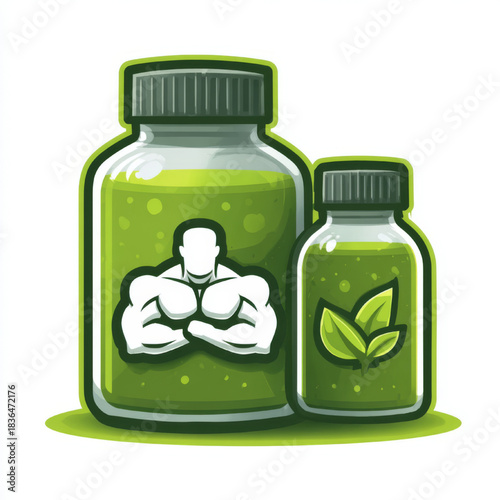 Vector illustration of sports and natural supplements, green and white colors, representing fitness nutrition and herbal remedies